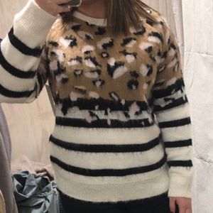 Cheetah print sweater with stripes.